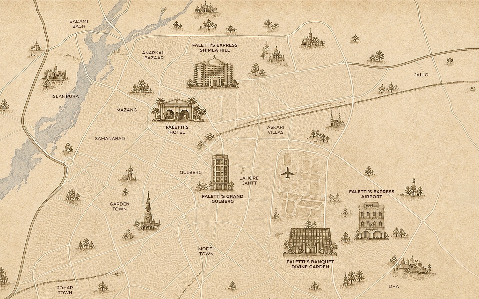 Illustrated map of Lahore marking five Faletti’s properties, including Faletti’s Express Shimla Hill off Egerton Road
