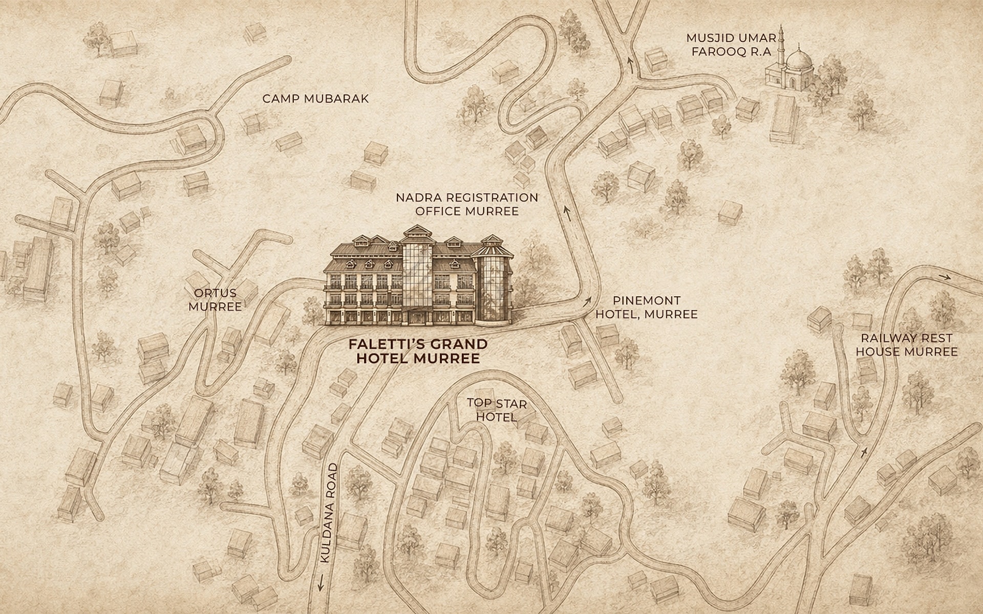 Illustrated map of Murree marking Faletti’s Grand Murree on Kuldana Road near GPO