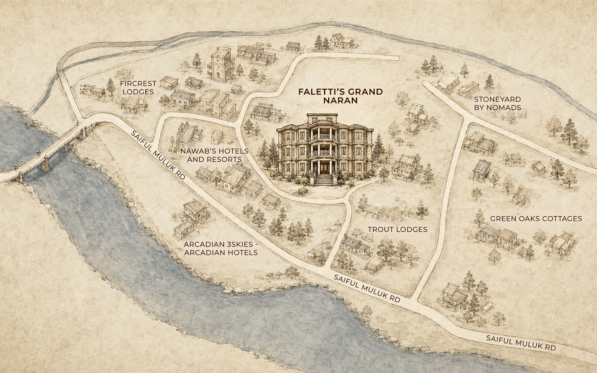 Illustrated map of Naran marking Faletti’s Grand Naran on Jheel Road