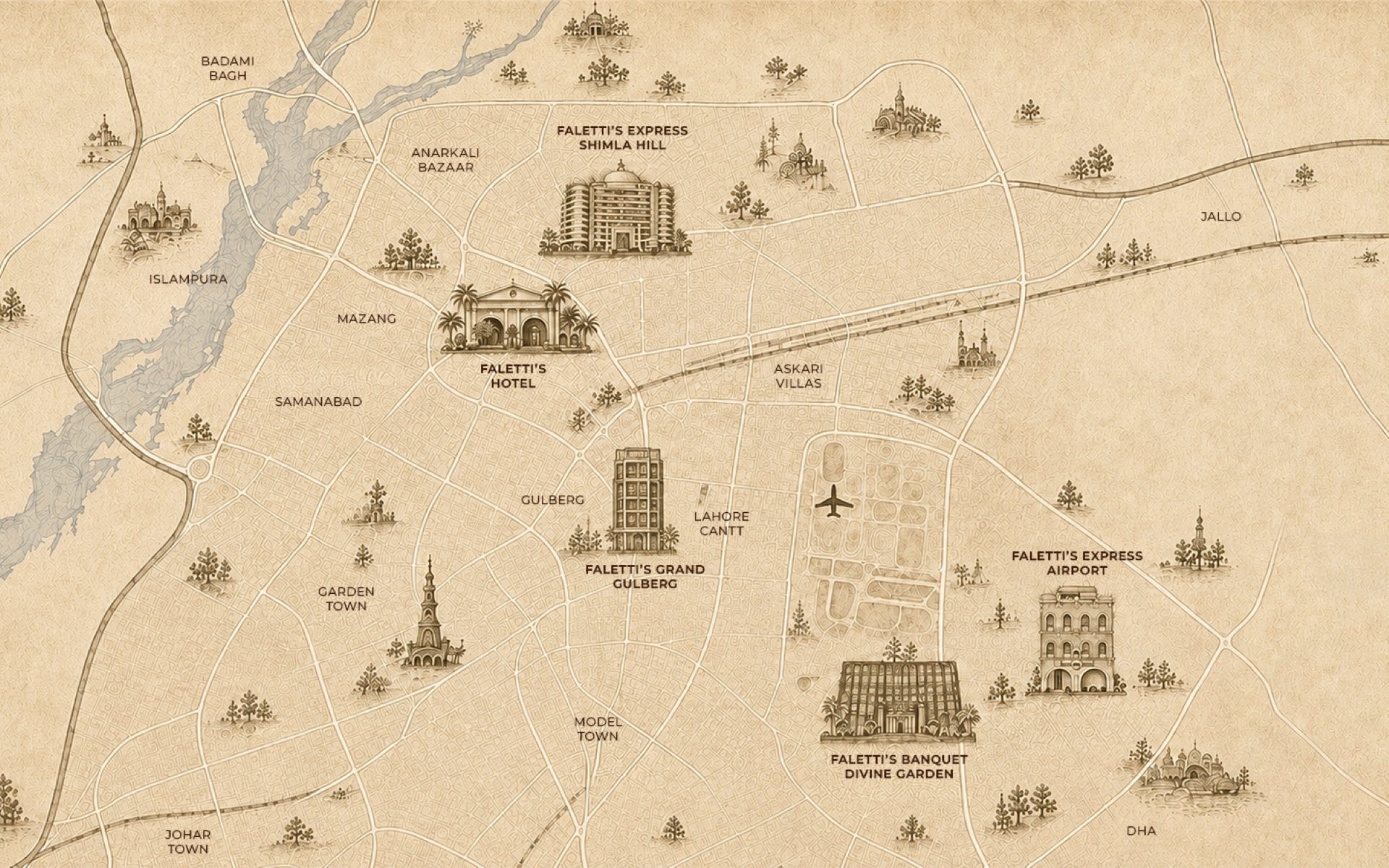 Illustrated map of Lahore marking five Faletti’s properties, including Faletti’s Hotel on Egerton Road