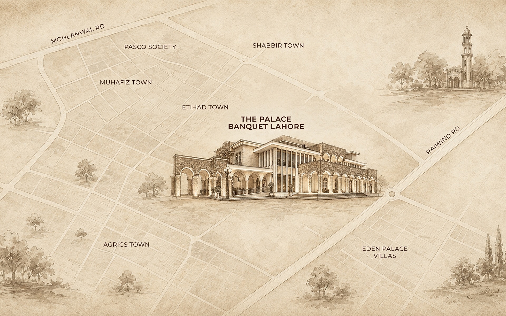Illustrated map of the Raiwind Road area of Lahore marking The Palace Banquet, off Main Raiwind Road in Etihad Town Phase I